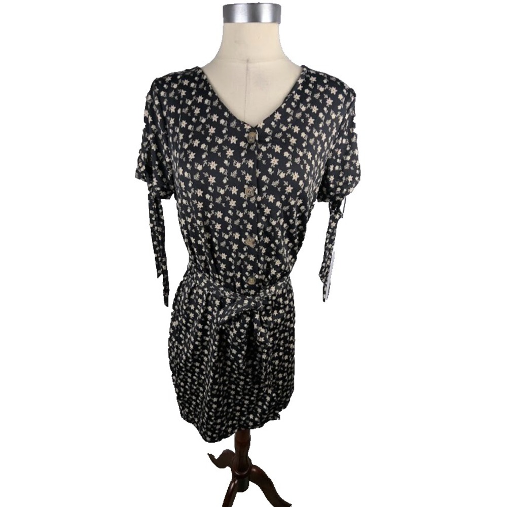 NY Collection Dress Black Floral Cream Yellow Flowers Tie Sleeves Size S